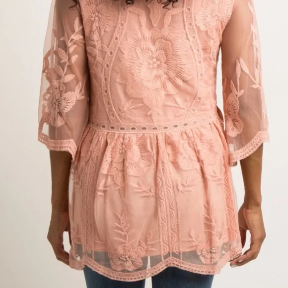 Pink Scalloped Embroidered Mesh Top NWT - Picture 3 of 4